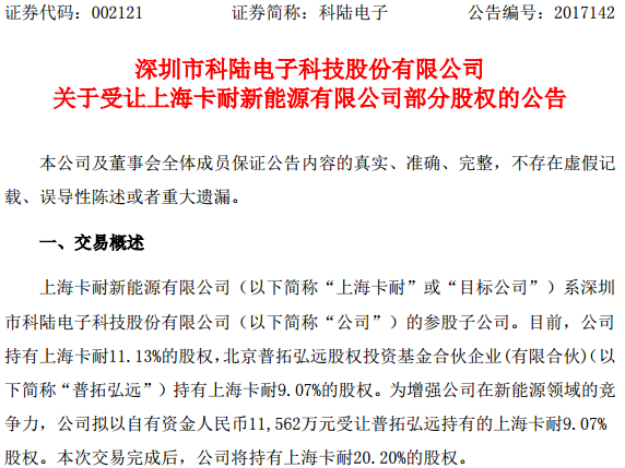 科陸電子擬1.2億受讓上?？陀?%股權(quán) 增強(qiáng)新能源領(lǐng)域競(jìng)爭(zhēng)力